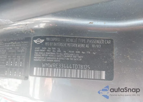 2004 Mini Cooper S из США, поврежденный, VIN WMWRE33444TD78125